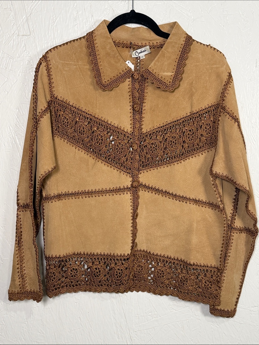 Crochet-Trim Suede Jacket in Tan by Cuddles